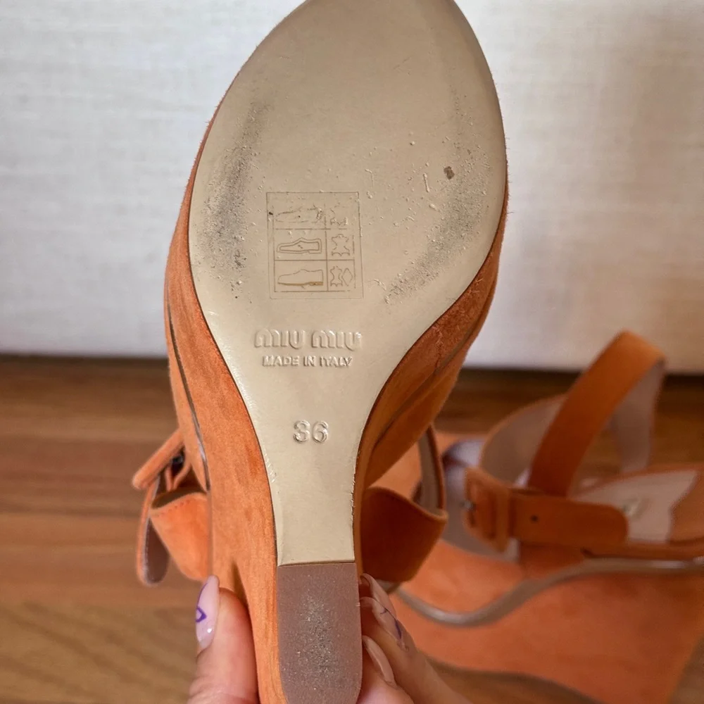 Miu Miu Platform Wedge Suede Orange Sandals‎ Size 36